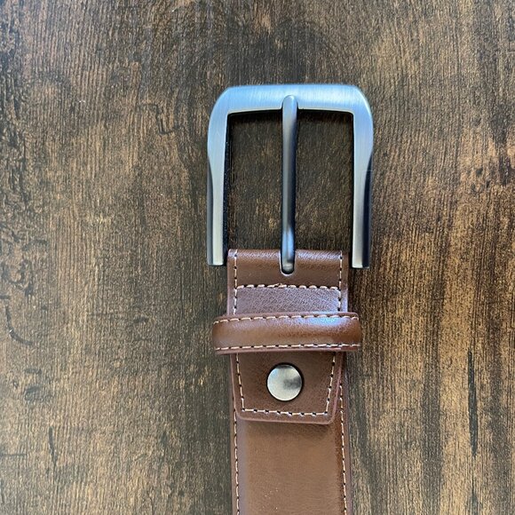 Men’s Brown Stitched Work Belt Genuine Leather Gray Metal Buckle Size 40-42 - Picture 3 of 7